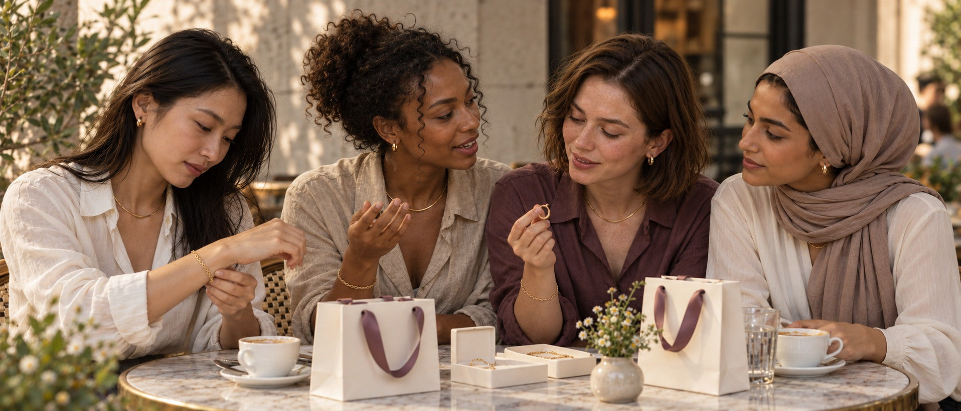Editorial image of four women sharing a relaxed cafe moment with jewelry