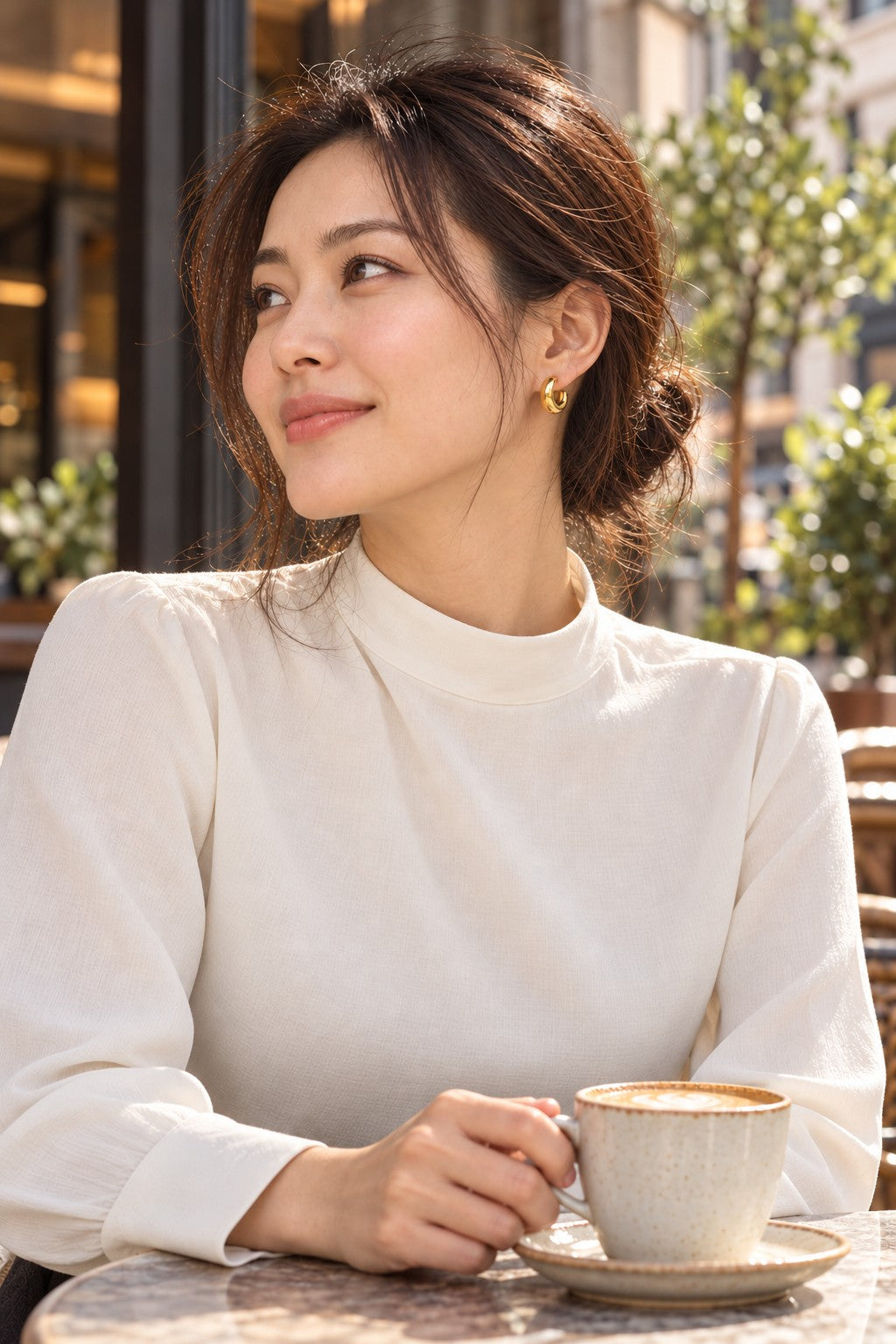 Editorial portrait of a woman wearing a compact gold-tone C-hoop earring at a cafe